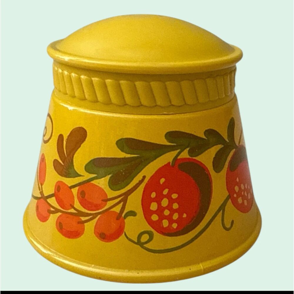 VTG Avon Folk Art Vanity Jar Yellow Glass Container Floral Fruit 1970s Retro
